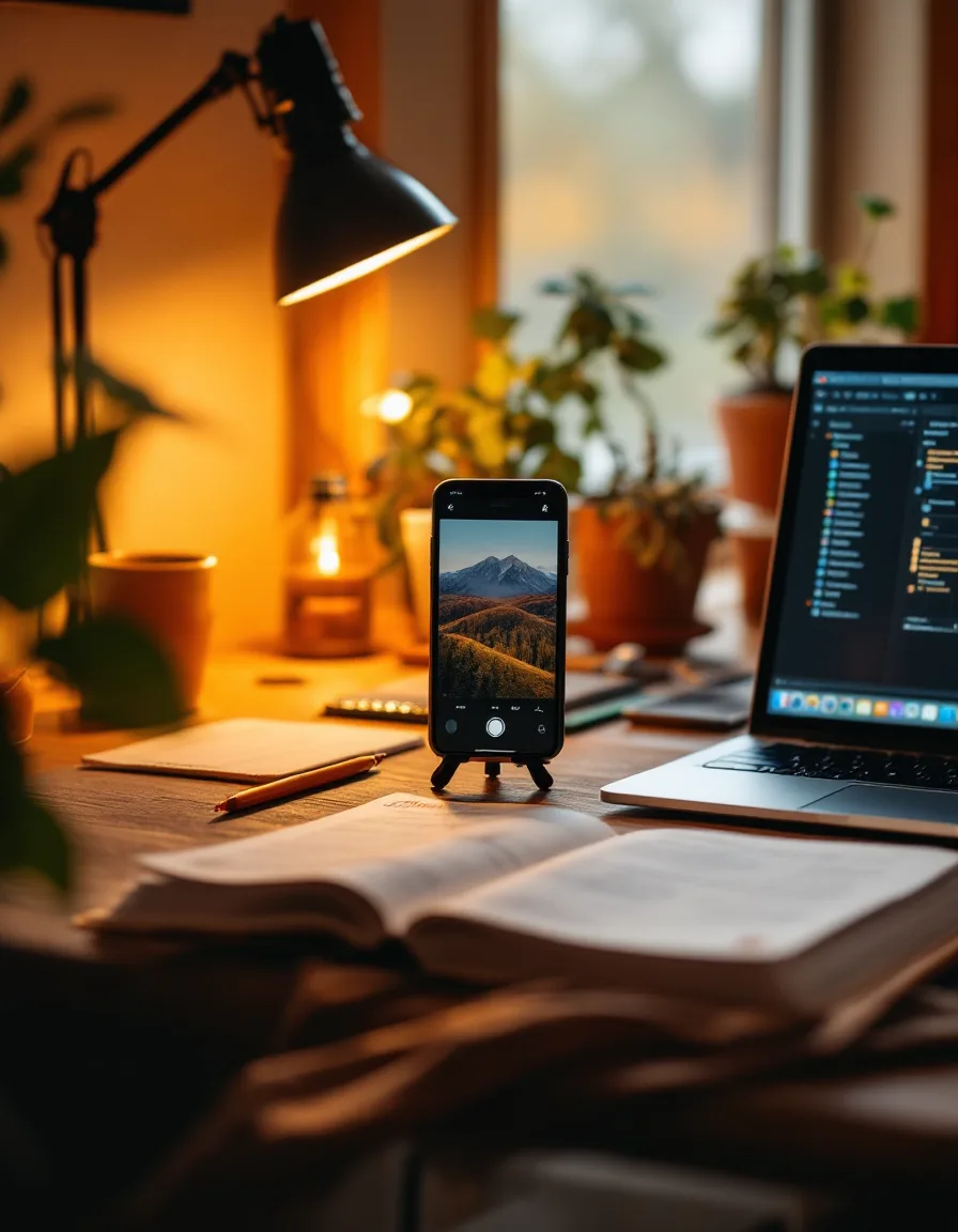 Havli's founder at a warmly lit desk with a phone on a tripod and a marked-up content calendar