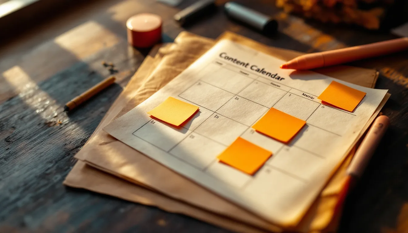 A printed monthly content calendar marked up with amber notes